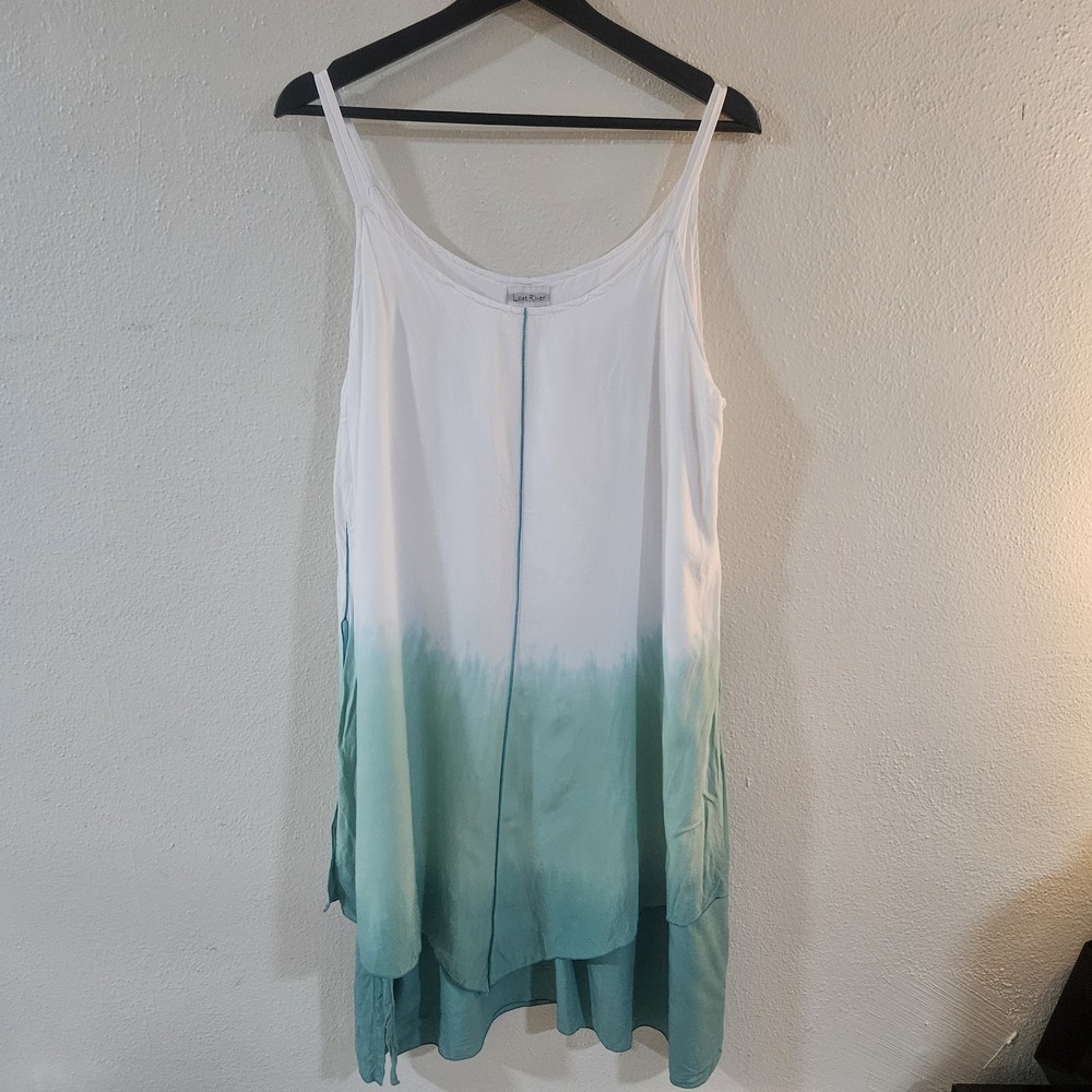 Lost River XL White Green Ombre Dip Dye Layered Cami Dress Boho Beach Sun Dress